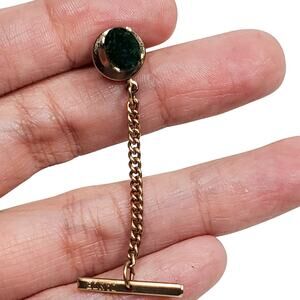Dante Tie Tack Genuine Green Jade Stone Oval Vtg Corpcore Signed